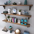 Decorative Ornament Set On Wooden Shelves With Sculpture Vase Plants Books And Globe