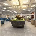 Airport VIP Lounge Interior With Blue Seats Marble Flooring And Golden World Map Decor