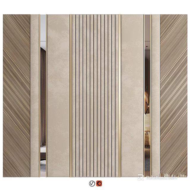 Elegant Modern Kitchen Interior With Beige Gold Accents And Striped Panel Design 3d model