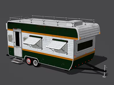 Retro Green And White Camper With Roof Rack Windows Stripes And Wheels 3d model