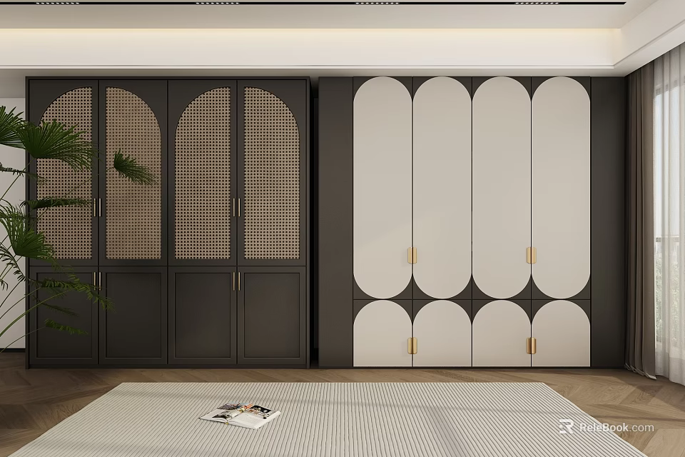 Modern Wardrobe Interior Design With Curved White And Dark Doors And Gold Handles 3d model 
