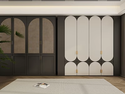 Modern Wardrobe Interior Design With Curved White And Dark Doors And Gold Handles 3d model