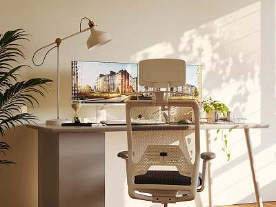 Home Office Desk Setup With Dual Monitors Ergonomic Chair Desk Lamp And Green Plants 3d model