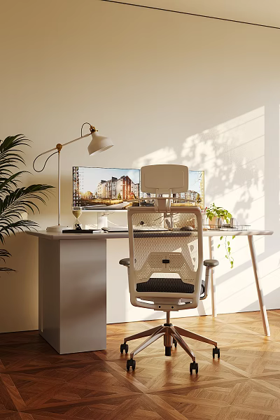Home Office Desk Setup With Dual Monitors Ergonomic Chair Desk Lamp And Green Plants 3d model