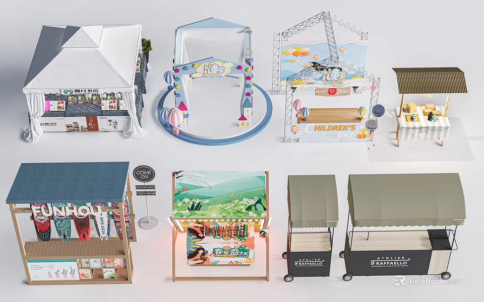 Diverse Small Vendor Kiosk Models With Various Designs And Structures 3d model