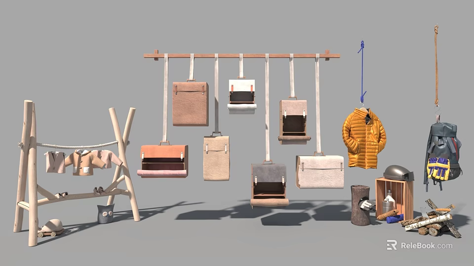 Practical Hanging Shelf With Various Bags And Clothes On Wooden Rack 3d model 