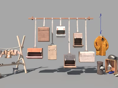 Practical Hanging Shelf With Various Bags And Clothes On Wooden Rack 3d model