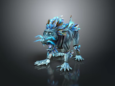 Fantasy Mythical Lion Character With Blue Crystal Mane And Shiny Crystalline Features 3d model