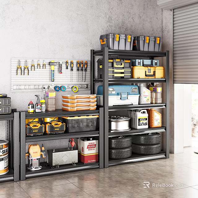 Organized Garage Storage With Wall Mounted Tools Metal Shelves Toolboxes And Tires 3d model 