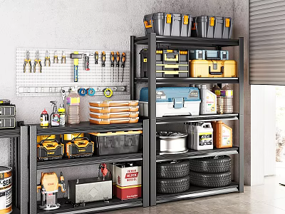 Organized Garage Storage With Wall Mounted Tools Metal Shelves Toolboxes And Tires 3d model