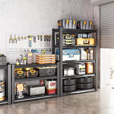 Organized Garage Storage With Wall Mounted Tools Metal Shelves Toolboxes And Tires 3d model