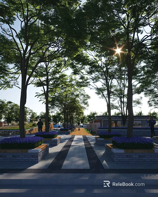 Tranquil Garden Landscape With Lush Trees Sunlight Paved Path And Purple Flower Beds 3d model 