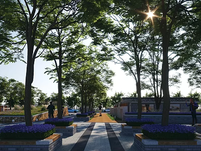 Tranquil Garden Landscape With Lush Trees Sunlight Paved Path And Purple Flower Beds 3d model