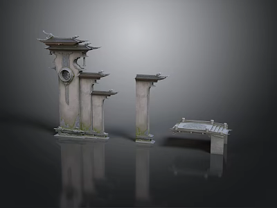 Traditional Ancient Chinese Architecture With Stone Pillars Memorial Archway And Small Bridge 3d model