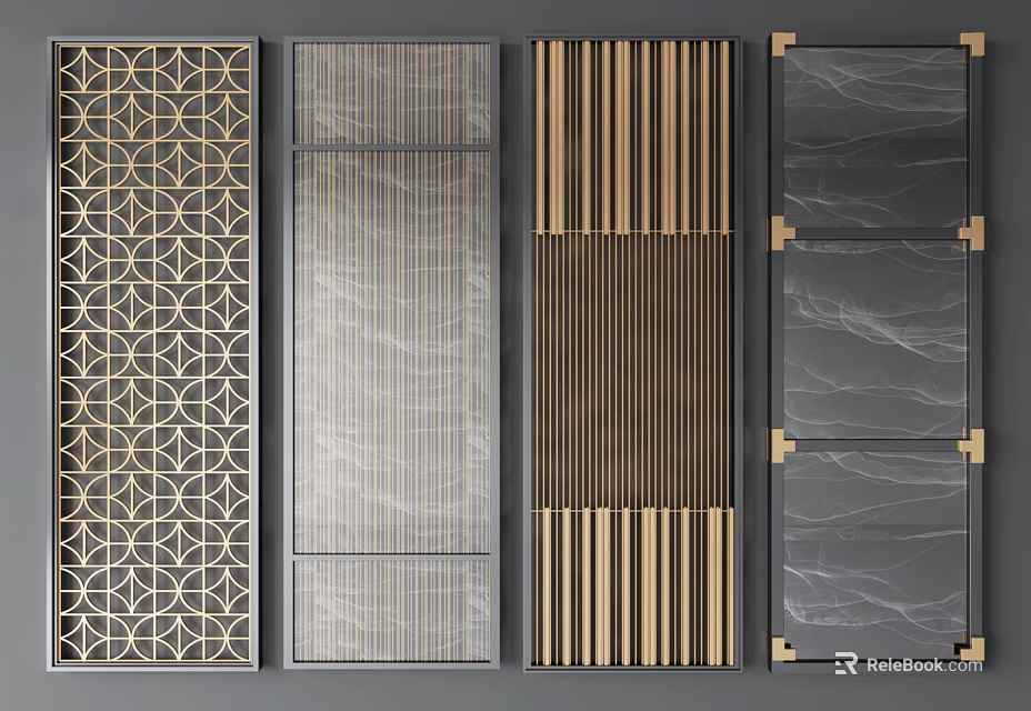 Modern Interior Room Dividers With Geometric Patterns Metal Grid And Vertical Slats 3d model 
