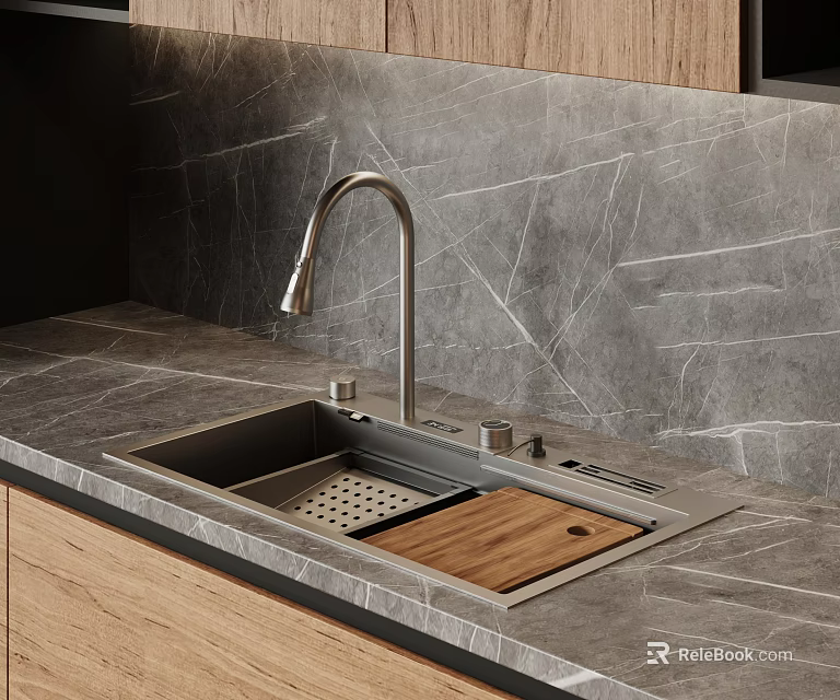 Modern Kitchen Sink With Silver Faucet Gray Marble Countertop And Wooden Cutting Board 3d model 