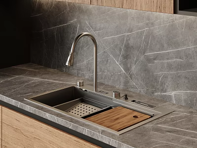 Modern Kitchen Sink With Silver Faucet Gray Marble Countertop And Wooden Cutting Board 3d model