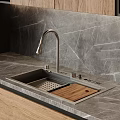 Modern Kitchen Sink With Silver Faucet Gray Marble Countertop And Wooden Cutting Board