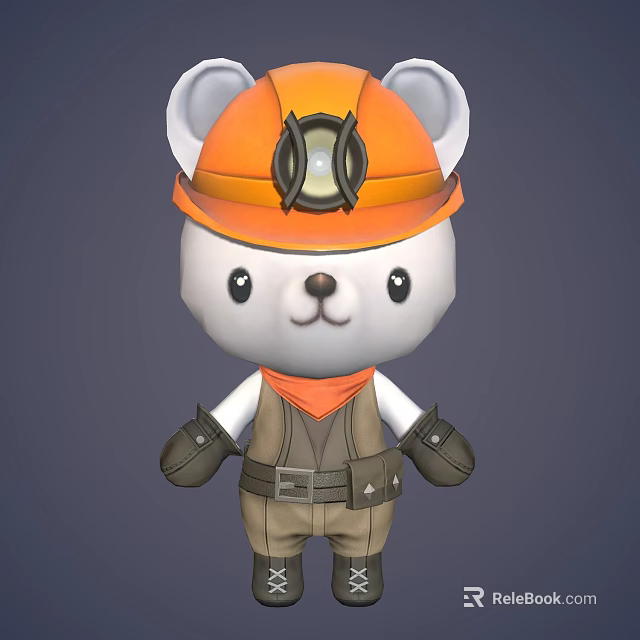 Cute White Bear Game Movie Miner Character Wearing Orange Hard Hat Headlamp Scarf Vest Gloves 3d model 
