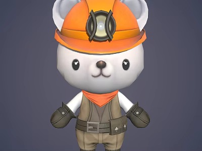 Cute White Bear Game Movie Miner Character Wearing Orange Hard Hat Headlamp Scarf Vest Gloves 3d model