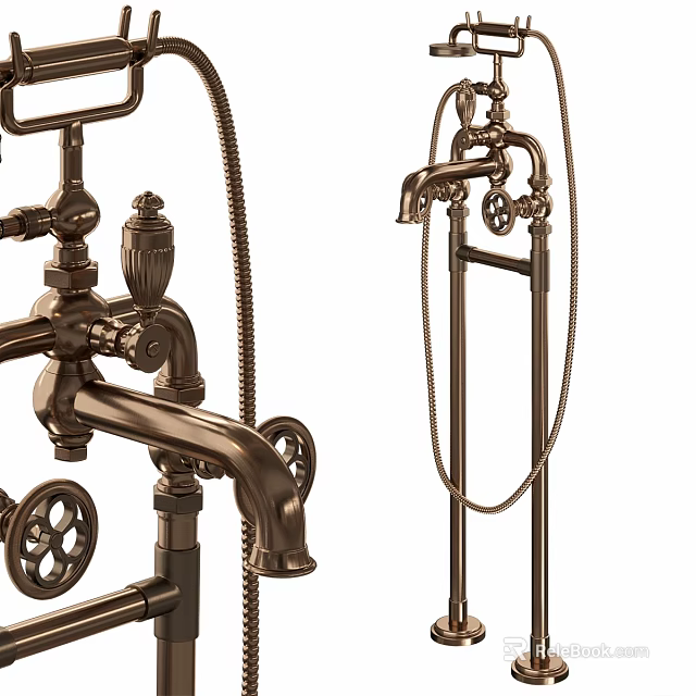 Vintage Brass Faucet With Intricate Details And Handheld Shower For Bathroom 3d model 