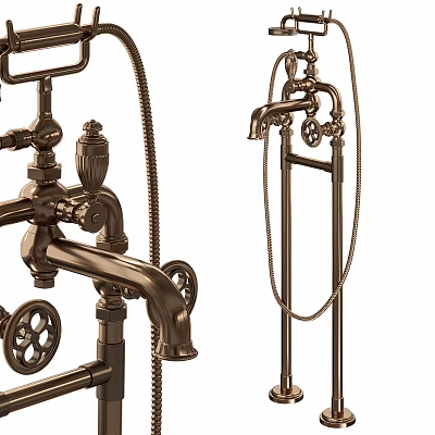 Vintage Brass Faucet With Intricate Details And Handheld Shower For Bathroom 3d model