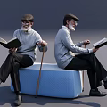 Elderly Men Sitting On Blue Cube Seat Holding Books And Walking Canes