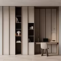 Modern Minimalist Bookcase With Books Decorations Desk And Chair In Warm Tone Vertical Striped Room