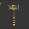 Fantasy War Hammer Design With Ornate Golden Head Red Accents And Wooden Handle