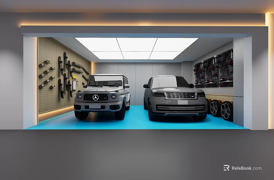 Modern Garage Interior With Two SUVs Tools Tires And Blue Floor 3d model 