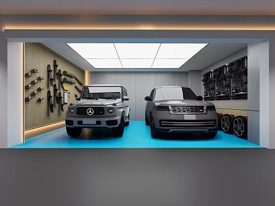 Modern Garage Interior With Two SUVs Tools Tires And Blue Floor 3d model