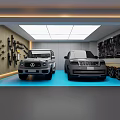 Modern Garage Interior With Two SUVs Tools Tires And Blue Floor