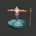 Mythical Poseidon With Golden Crown White Beard Blue Mermaid Tail Trident And Water Whirlpool