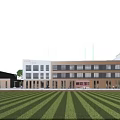 Modern School Building With Vast Lawn And Students Playing Outside 3d model