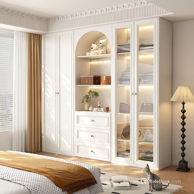 White Modern Wardrobe with Open Shelves Drawers Glass Doors and Storage 3d model 