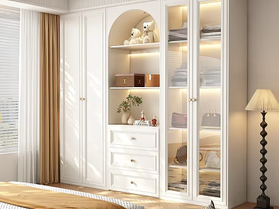 White Modern Wardrobe with Open Shelves Drawers Glass Doors and Storage 3d model