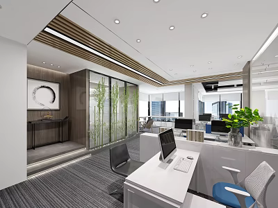 Modern Public Office Space Design With White Desks Office Chairs Computers And Green Plants 3d model