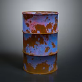 Rusty Blue Metal Drums With Peeling Paint Stacked Industrial Storage Equipment