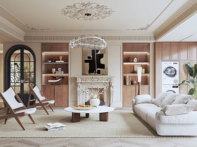 Elegant Living Room Interior with Ornate Ceiling Chandelier Fireplace Sofa Armchairs And Decor Shelves 3d model