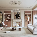 Elegant Living Room Interior with Ornate Ceiling Chandelier Fireplace Sofa Armchairs And Decor Shelves