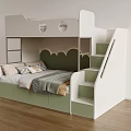 White And Green Kids Bunk Bed With Cloud Shaped Headboard Circular Windows Staircase Storage
