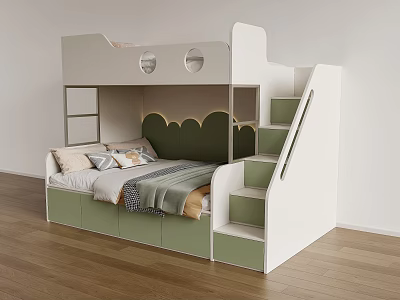 White And Green Kids Bunk Bed With Cloud Shaped Headboard Circular Windows Staircase Storage 3d model