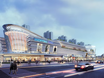Modern Shopping Mall Exterior With Glass Facade Lighting Pedestrians And Urban Vehicles 3d model