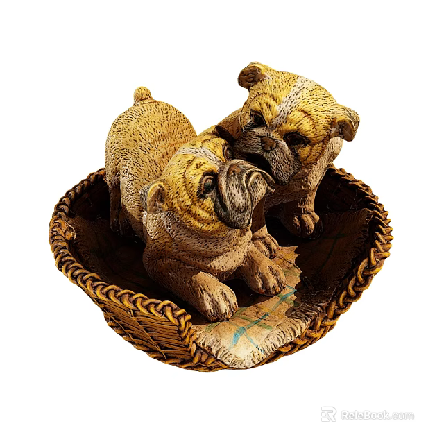 Adorable Plush Pug Dolls Cuddled Together in Handwoven Basket Home Decor Piece 3d model 