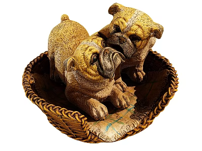 Adorable Plush Pug Dolls Cuddled Together in Handwoven Basket Home Decor Piece 3d model