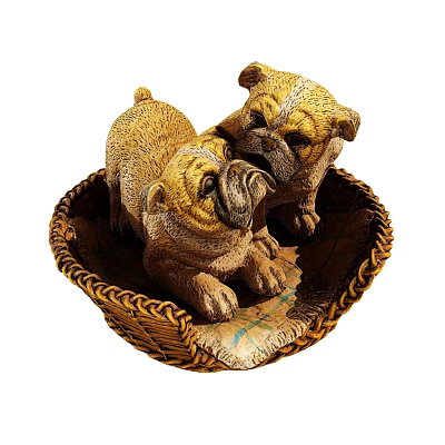 Adorable Plush Pug Dolls Cuddled Together in Handwoven Basket Home Decor Piece 3d model