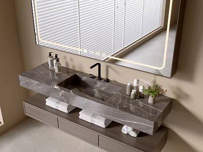 Sleek Modern Bathroom Vanity With Marble Countertop Mirror Towels And Storage Drawers 3d model