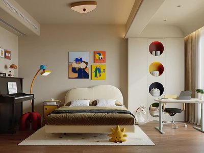 Warm Modern Kids Room Interior Design With Bed Decorative Artworks And Study Desk 3d model