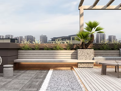 Modern Rooftop Garden Featuring Wooden Deck Stone Flooring Bench Palm Tree And City Skyline Pergola 3d model