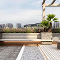 Modern Rooftop Garden Featuring Wooden Deck Stone Flooring Bench Palm Tree And City Skyline Pergola